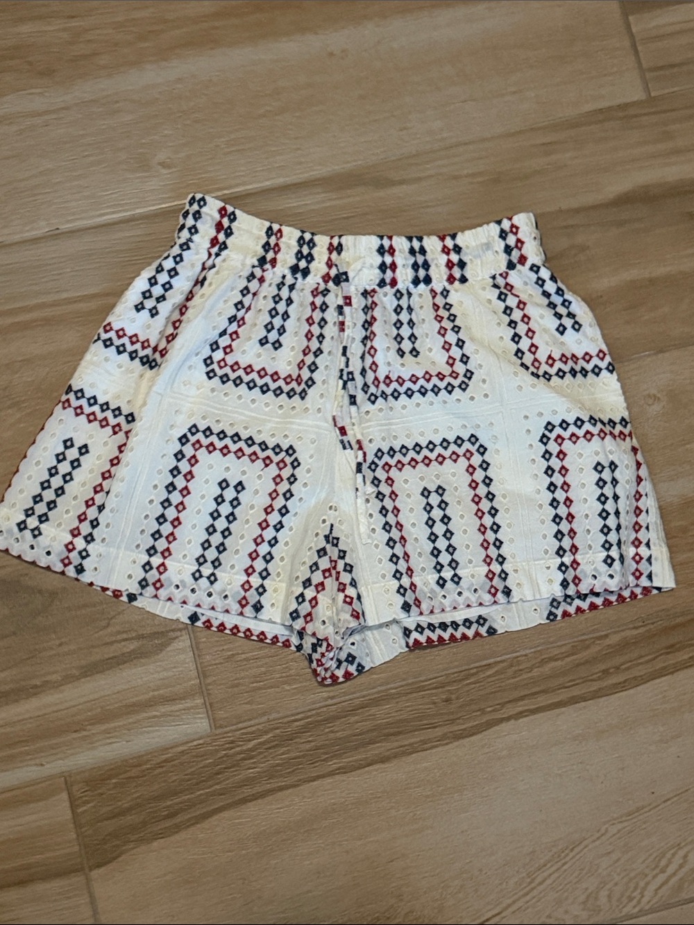 Hill House Ivory Eyelet Shorts with Red & Navy Geometric Trim